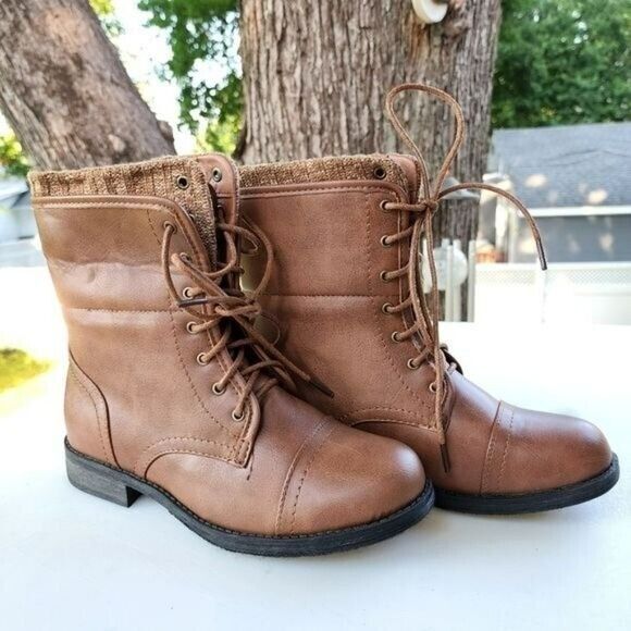 Forever‎ Womens Casual  Warm Lace Up Booties Faux Leather Cognac Size 6.5 - Picture 6 of 16